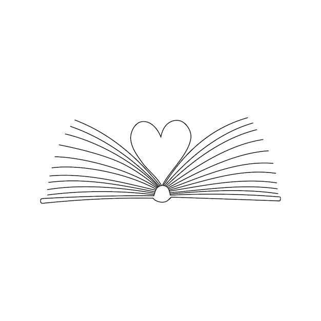Vector overzicht doodle open boek met pagina's gevouwen in de vorm van een hart symbool van kennis leren lezen literatuur een concept voor boekenliefhebbers hand getekend zwart wit geïsoleerde vectorillustratie