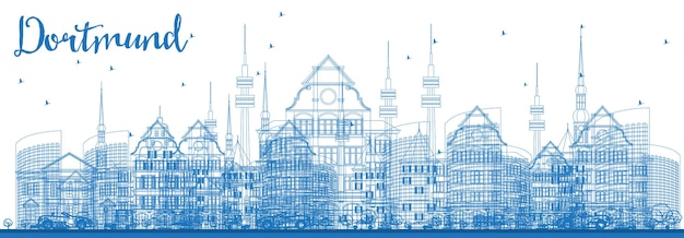 Vector overzicht dortmund duitsland city skyline met blauwe gebouwen. vectorillustratie. zakelijk reizen en toerisme concept met historische architectuur. dortmund stadsgezicht met monumenten.