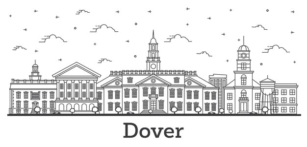 Vector overzicht dover delaware city skyline met historische gebouwen en reflecties geïsoleerd op wit