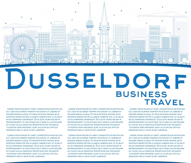 Overzicht Dusseldorf Skyline met blauwe gebouwen en kopie ruimte. Vectorillustratie. Zakelijk reizen en toerisme Concept met historische architectuur. Afbeelding voor presentatiebanner plakkaat en website.