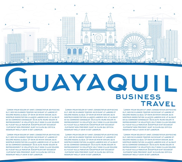 Vector overzicht guayaquil ecuador city skyline met blauwe gebouwen en kopie ruimte. vectorillustratie. zakelijk reizen en toerisme concept met historische architectuur. guayaquil stadsgezicht met monumenten.