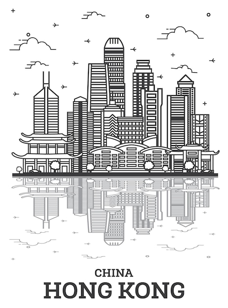 Overzicht Hong Kong China City Skyline met moderne gebouwen en reflecties geïsoleerd op wit