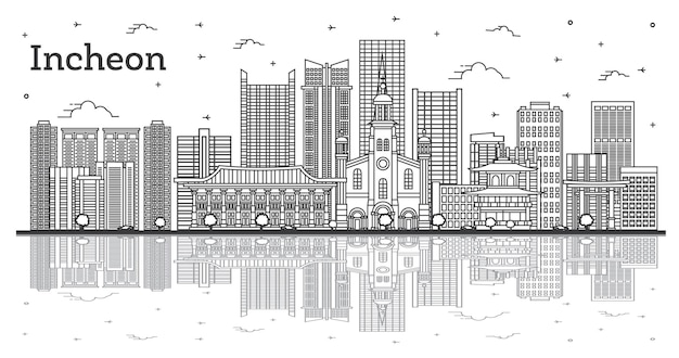 Overzicht Incheon Zuid-Korea City Skyline met moderne gebouwen en reflecties geïsoleerd op wit Vector Illustratie Incheon stadsgezicht met monumenten