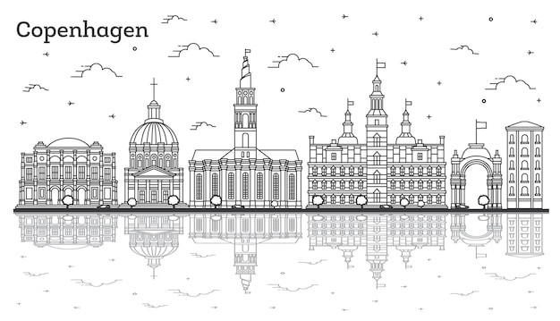 Overzicht Kopenhagen Denemarken City Skyline met historische gebouwen en reflecties geïsoleerd op wit