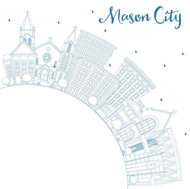 Overzicht Mason City Iowa Skyline met blauwe gebouwen en kopie ruimte. Vectorillustratie. Zakelijke reizen en toerisme illustratie met historische architectuur.