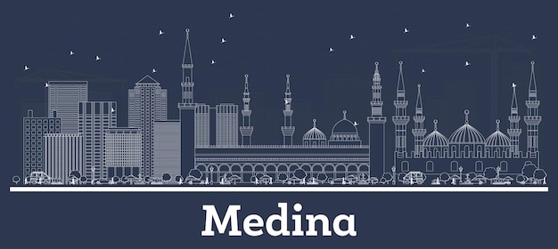 Overzicht Medina Saoedi-Arabië City Skyline met witte gebouwen. Vectorillustratie. Zakelijk reizen en toerisme Concept met moderne architectuur. Medina stadsgezicht met monumenten.