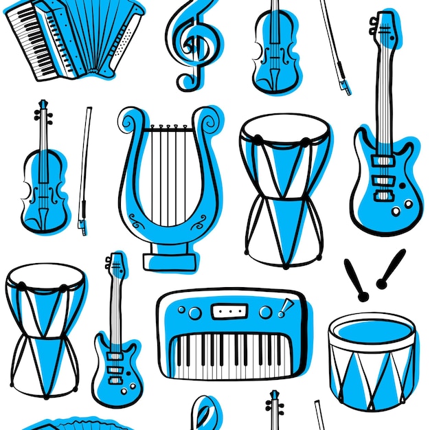 Overzicht muziekinstrumenten naadloze patroon vector geïsoleerd op een witte achtergrond silhouetten eenvoudige hand getrokken doodle pictogrammen