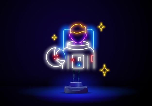 Overzicht neon astronaut icoon gloeiend neon ruimtevaarder teken kosmonaut man ruimte ontdekkingsreiziger gewichtloosheid astronaut zwevend nul zwaartekracht vector icon set symbool voor ui