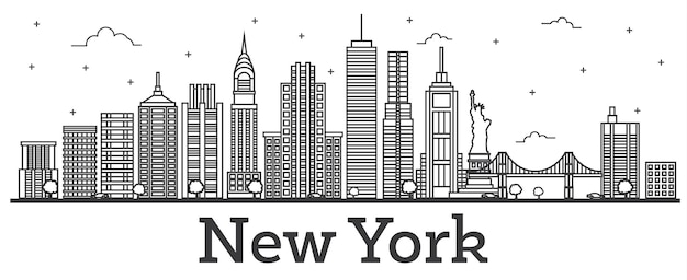 Overzicht New York USA City Skyline met moderne gebouwen geïsoleerd op wit. Vectorillustratie. New York Cityscape met monumenten.