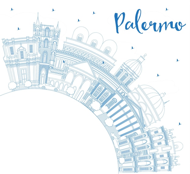 Overzicht Palermo Italië City Skyline met blauwe gebouwen en kopie ruimte. Vectorillustratie. Zakelijk reizen en toerisme Concept met historische architectuur. Palermo Sicilië stadsgezicht met monumenten.