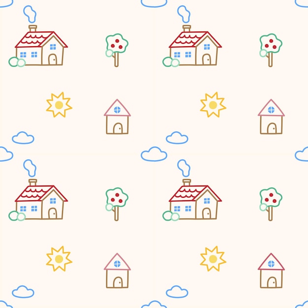 Overzicht plat schattig doodle minimaal huis vector patroon ontwerp ivoor crème beige achtergrond bewerkbaar