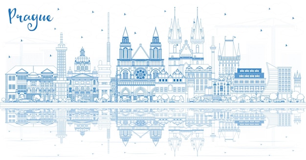 Vector overzicht praag tsjechië city skyline met blauwe gebouwen en reflecties