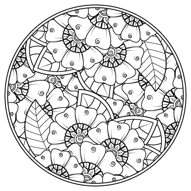 Overzicht rond bloemenpatroon in mehndi-stijl voor het kleuren van de boekpagina