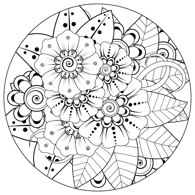 Overzicht ronde bloemenpatroon in mehndi stijl voor het kleuren van de boekpagina doodle ornament in zwart-wit hand tekenen illustratie hand