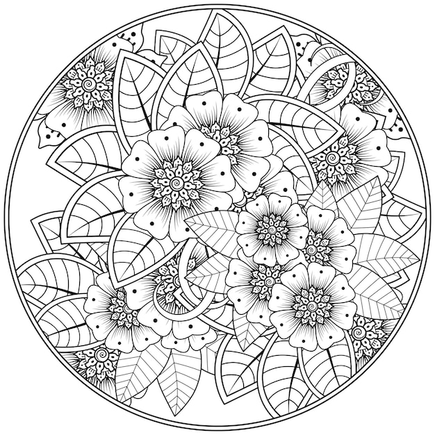 overzicht ronde bloemenpatroon in mehndi stijl voor het kleuren van de boekpagina doodle ornament in zwart-wit hand tekenen illustratie hand