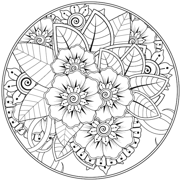 overzicht ronde bloemenpatroon in mehndi stijl voor het kleuren van de boekpagina doodle ornament in zwart-wit hand tekenen illustratie hand