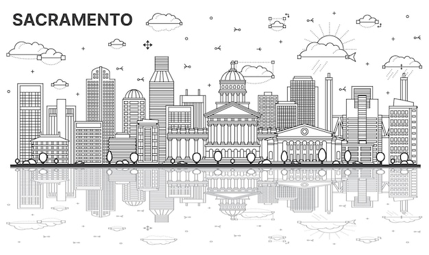 Overzicht Sacramento Californië skyline van de stad met moderne gebouwen en reflecties geïsoleerd op wit Vectorillustratie Sacramento USA stadsgezicht met bezienswaardigheden