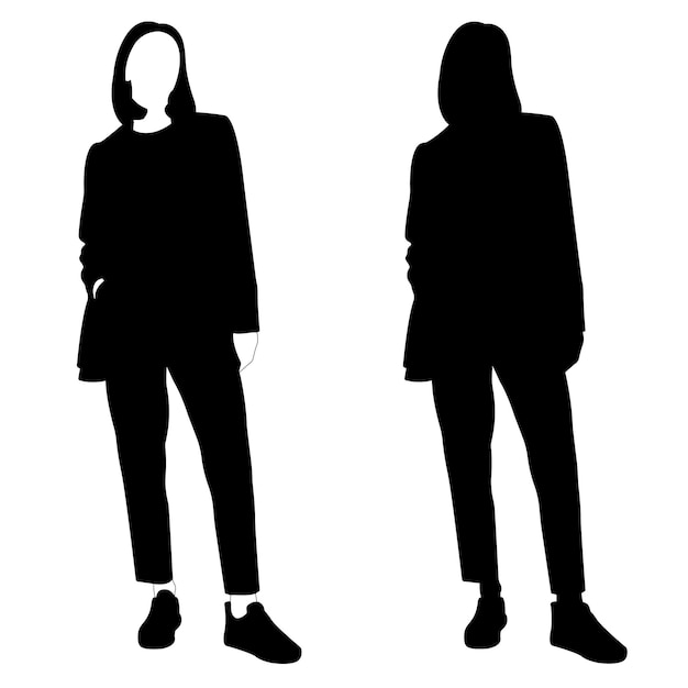 Overzicht van een zwart-wit silhouet van een slank, stijlvol meisje in een modieus pak staand