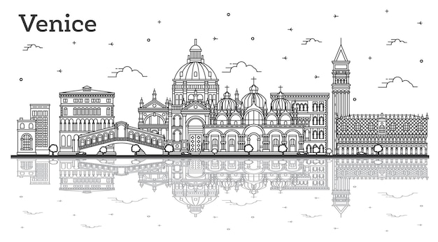 Overzicht Venetië Italië City Skyline met historische gebouwen en reflecties geïsoleerd op wit Vector illustratie Venetië stadsgezicht met monumenten