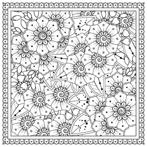 Overzicht vierkant bloemenframe in mehndi-stijl.