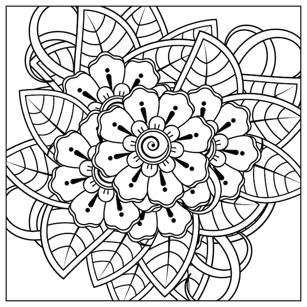 Overzicht vierkant bloemenpatroon in mehndi-stijl voor het kleuren van de boekpagina