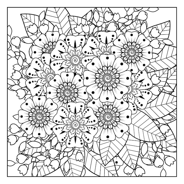 Overzicht vierkant bloemenpatroon in mehndi-stijl voor het kleuren van de doodle sieraad van de boekpagina in zwart-wit hand tekenen illustratie draw