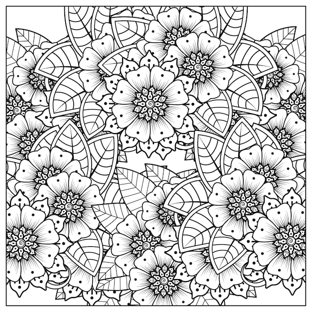 Overzicht vierkant bloemenpatroon in mehndi-stijl voor het kleuren van de doodle sieraad van de boekpagina in zwart-wit hand tekenen illustratie draw