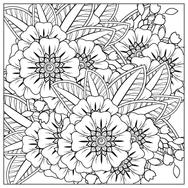 Overzicht vierkant bloemenpatroon in mehndi-stijl voor het kleuren van de doodle sieraad van de boekpagina in zwart-wit hand tekenen illustratie draw