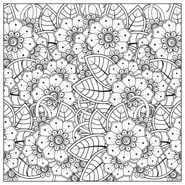 Overzicht vierkant bloemenpatroon in mehndi-stijl voor het kleuren van de doodle sieraad van de boekpagina in zwart-wit hand tekenen illustratie draw