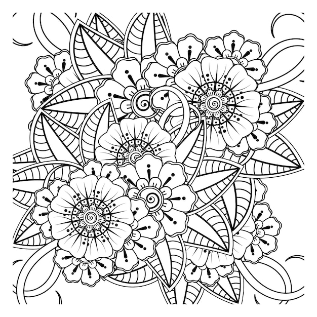 Overzicht vierkant bloemenpatroon in mehndi-stijl voor het kleuren van de doodle sieraad van de boekpagina in zwart-wit hand tekenen illustratie draw