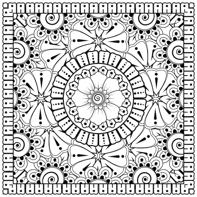 Overzicht vierkant bloemenpatroon in mehndi-stijl voor het kleuren van de fotoboekpagina.