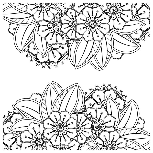 Overzicht vierkante bloem in mehndi-stijl voor het kleuren van pagina doodle ornament in zwart-wit.