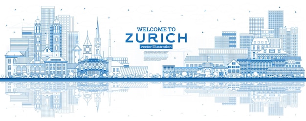 Overzicht Welkom bij de Skyline van Zürich, Zwitserland met blauwe gebouwen en reflecties. Vectorillustratie. Toerismeconcept met historische architectuur. Zürich stadsgezicht met monumenten.