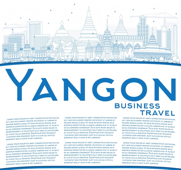 Overzicht yangon skyline met blauwe gebouwen en kopie ruimte. vectorillustratie. zakelijk reizen en toerisme concept met historische architectuur. afbeelding voor presentatiebanner plakkaat en website.