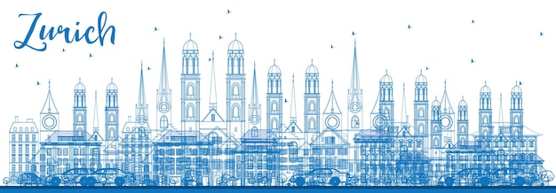 Overzicht zürich skyline met blauwe gebouwen. vectorillustratie. zakelijk reizen en toerisme concept met de historische gebouwen van zürich. afbeelding voor presentatiebanner plakkaat en web.