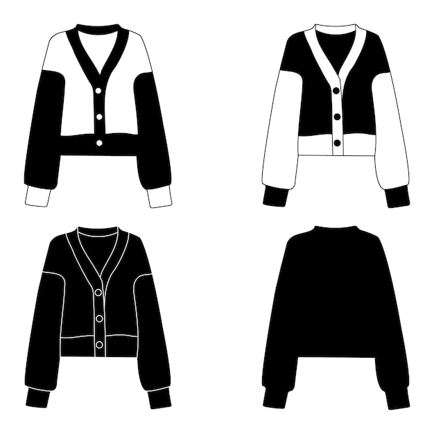 Overzicht zwart-wit silhouet modieuze dames jas trui geïsoleerde vector