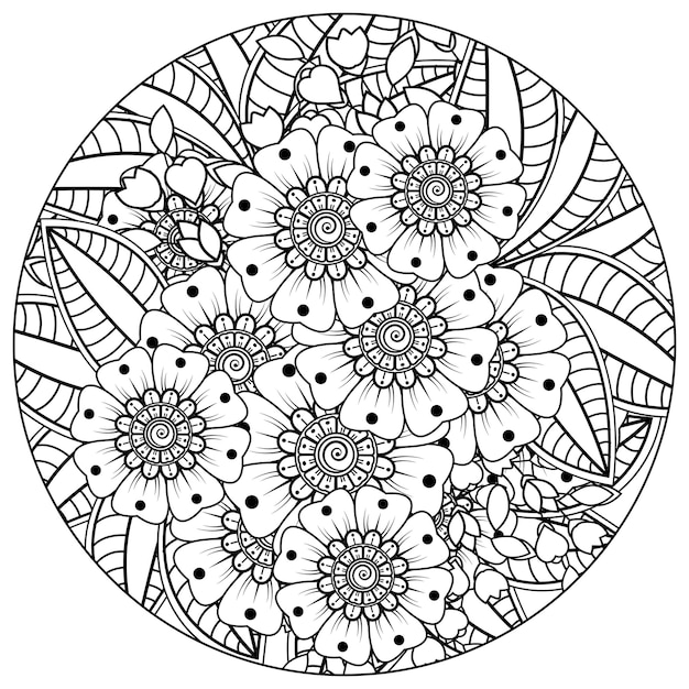 Overzichts rond bloemenpatroon in mehndi-stijl voor het kleuren van de doodle-ornament van de boekpagina in zwart-wit hand tekenen illustratie