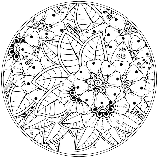 Overzichts rond bloemenpatroon in mehndi-stijl voor het kleuren van de doodle-ornament van de boekpagina in zwart-wit hand tekenen illustratie