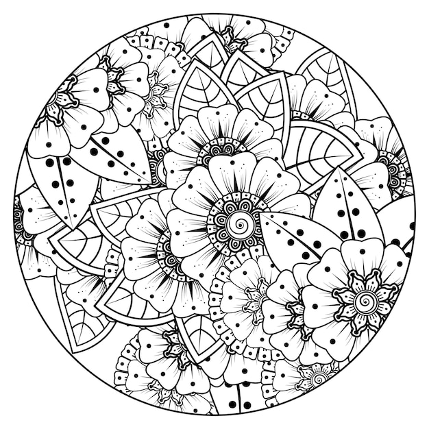 Overzichts rond bloemenpatroon in mehndi-stijl voor het kleuren van de doodle-ornament van de boekpagina in zwart-wit hand tekenen illustratie