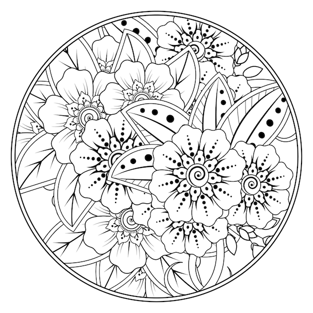 Overzichts rond bloemenpatroon in mehndi-stijl voor het kleuren van de doodle-ornament van de boekpagina in zwart-wit hand tekenen illustratie