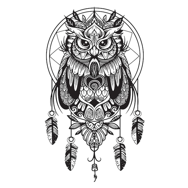 Owlとドリームキャッチャー黒白手描き落書きエスニックパターンベクトルイラスト