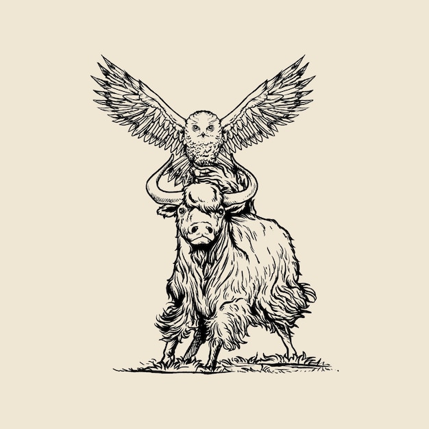 Вектор Векторный иллюстрационный дизайн логотипа owl and yak vintage