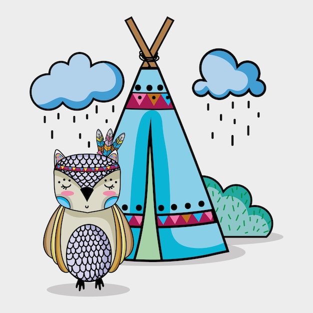 Owl animal tribal with camp and clouds