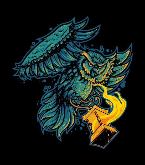 Owl attack with fire torch premium vector