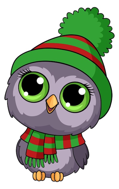 Owl baby in winter clothes Funny cartoon bird in warm hat and scarf