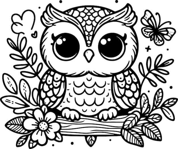 Owl black outline children coloring book illustration