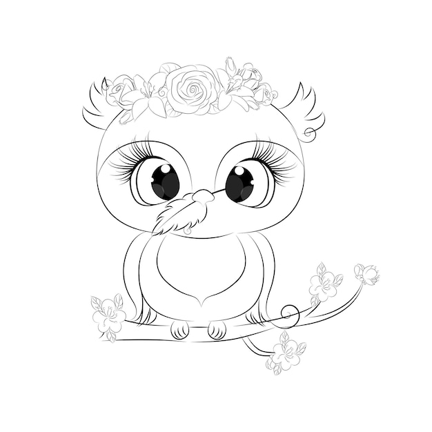 Owl on a branch coloring book for children vector illustration