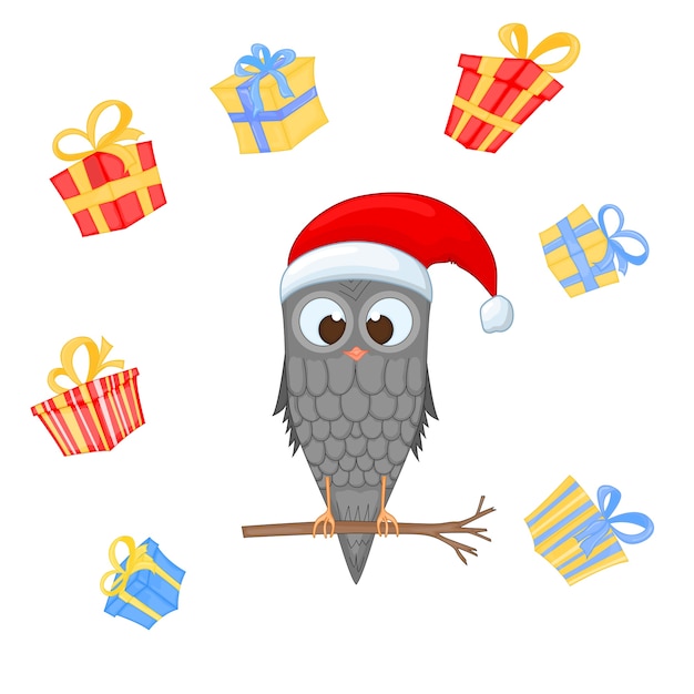 Vector owl on the branch in the santa claus