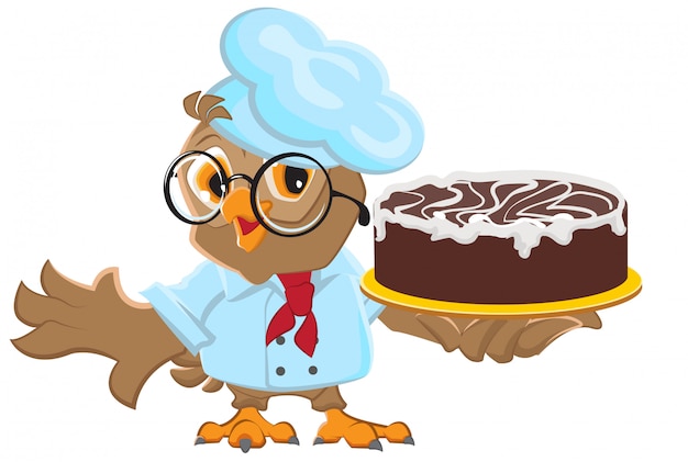 Owl chef tenendo la torta