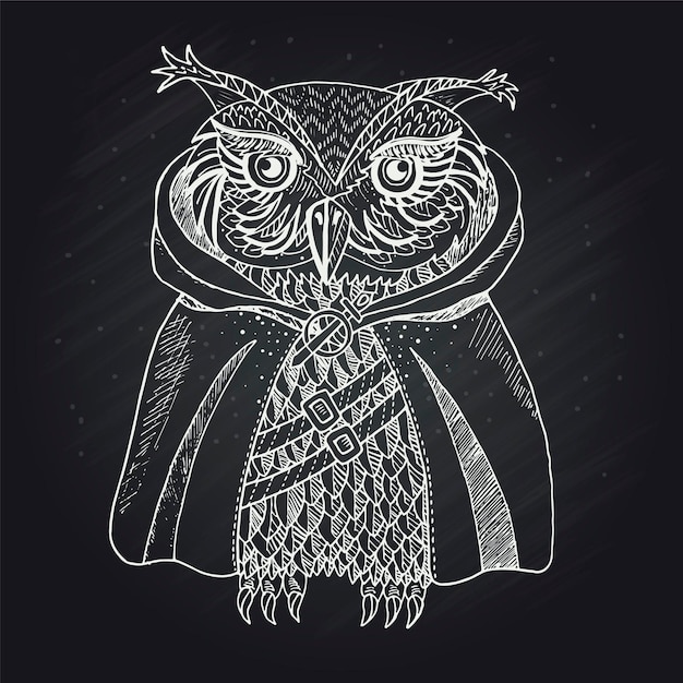 Owl in cloak hand drawn chalk fashion vector illustration
